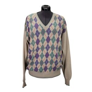 Whitfield & Bridges Vintage Argyle Sweater Men's Large Hand Loomed Cotton‎
